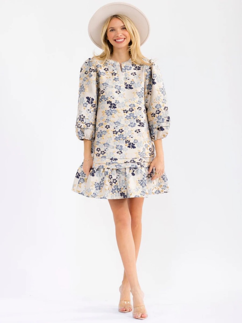 126 • Floral Jacquard Puff-Sleeve Dress in Cream and Blue